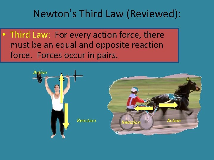 Newton’s Third Law (Reviewed): • Third Law: For every action force, there must be