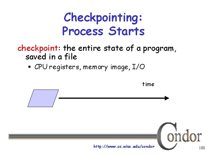 Checkpointing: Process Starts checkpoint: the entire state of a program, saved in a file