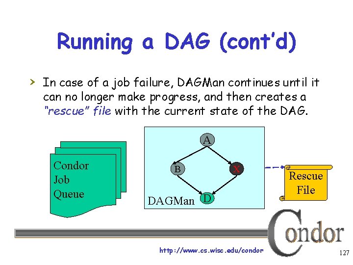 Running a DAG (cont’d) › In case of a job failure, DAGMan continues until