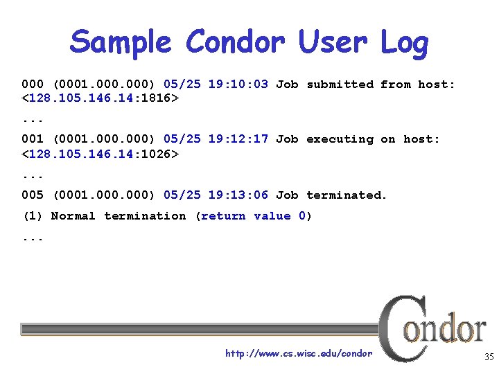 Sample Condor User Log 000 (0001. 000) 05/25 19: 10: 03 Job submitted from