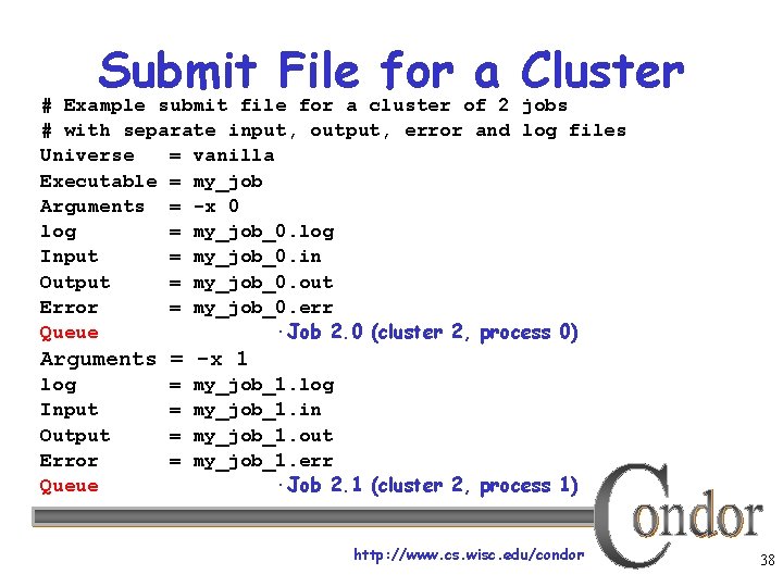 Submit File for a Cluster # Example submit file for a cluster of 2