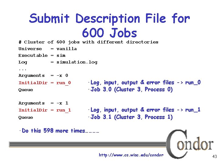 Submit Description File for 600 Jobs # Cluster of Universe = Executable = Log