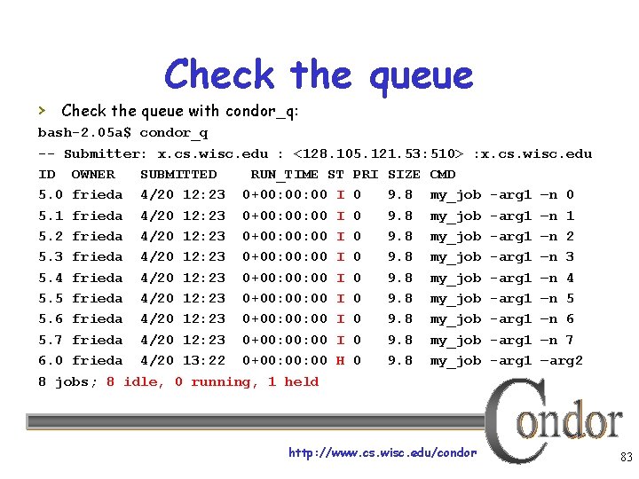 Check the queue › Check the queue with condor_q: bash-2. 05 a$ condor_q --