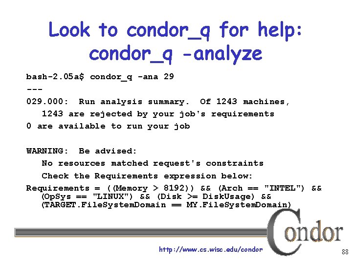 Look to condor_q for help: condor_q -analyze bash-2. 05 a$ condor_q -ana 29 --029.