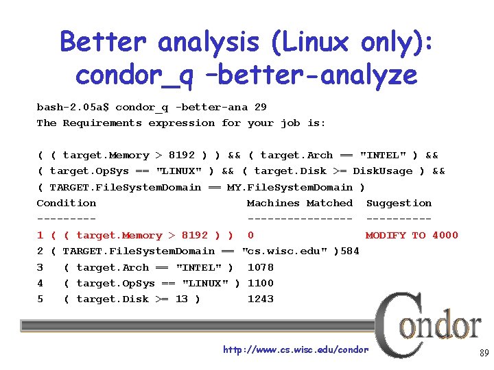 Better analysis (Linux only): condor_q –better-analyze bash-2. 05 a$ condor_q -better-ana 29 The Requirements
