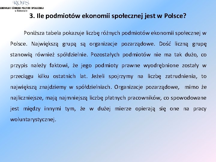 3. Ile podmiotów ekonomii społecznej jest w Polsce? Poniższa tabela pokazuje liczbę różnych podmiotów