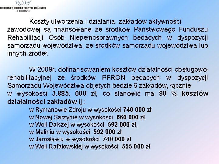 Koszty utworzenia i działania zakładów aktywności zawodowej są finansowane ze środków Państwowego Funduszu Rehabilitacji