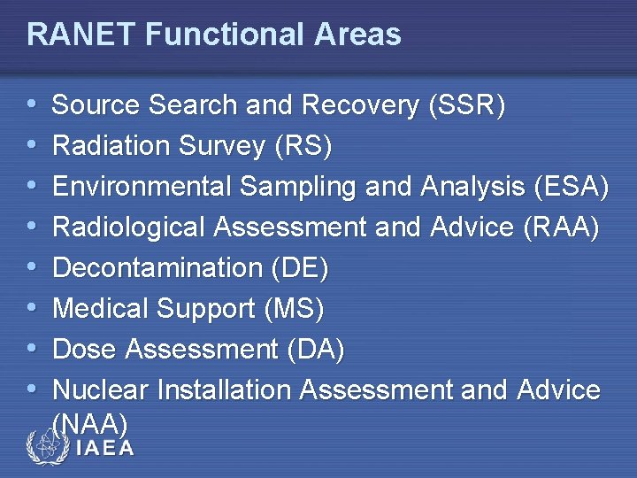 RANET Functional Areas • • Source Search and Recovery (SSR) Radiation Survey (RS) Environmental