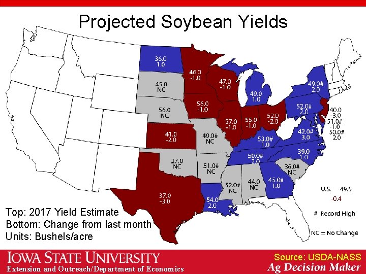 Projected Soybean Yields Top: 2017 Yield Estimate Bottom: Change from last month Units: Bushels/acre