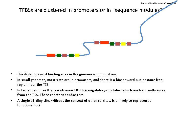 Genome Evolution. Amos Tanay 2012 TFBSs are clustered in promoters or in “sequence modules”