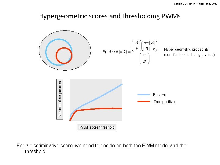 Genome Evolution. Amos Tanay 2012 Hypergeometric scores and thresholding PWMs Number of sequences Hyper
