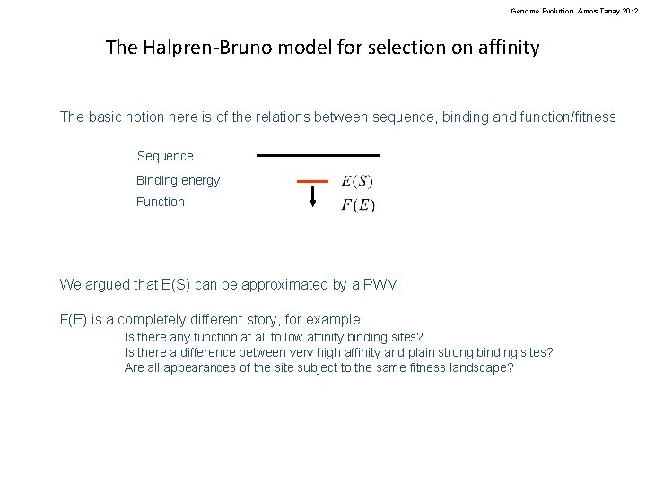 Genome Evolution. Amos Tanay 2012 The Halpren-Bruno model for selection on affinity The basic