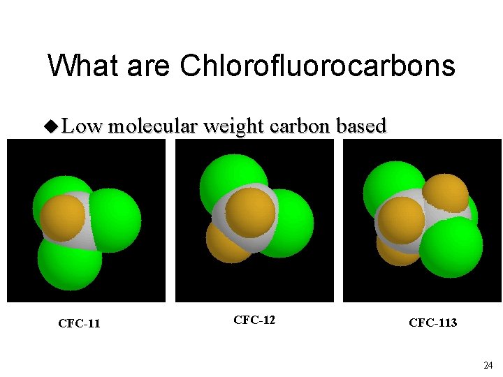 What are Chlorofluorocarbons Low molecular weight carbon based molecules. CFC-11 CFC-12 CFC-113 24 
