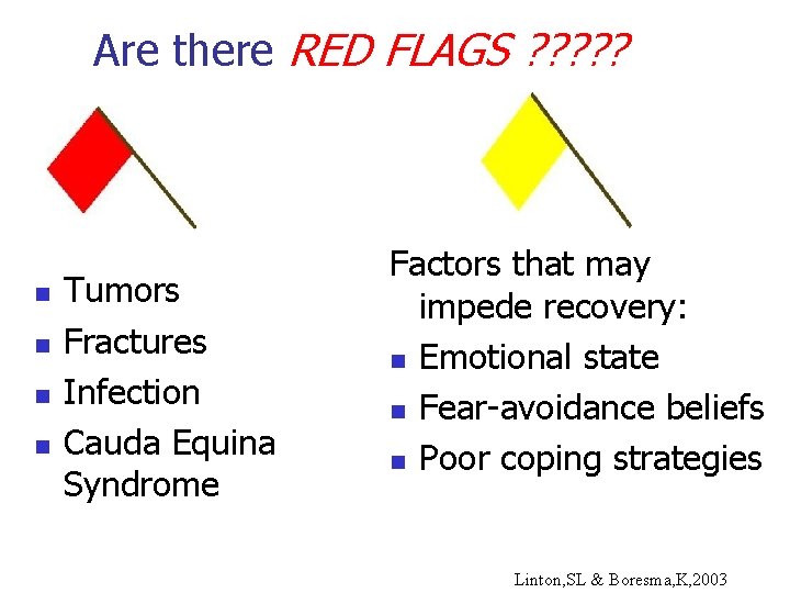 Are there RED FLAGS ? ? ? n n Tumors Fractures Infection Cauda Equina Are there RED FLAGS ? ? ? n n Tumors Fractures Infection Cauda Equina