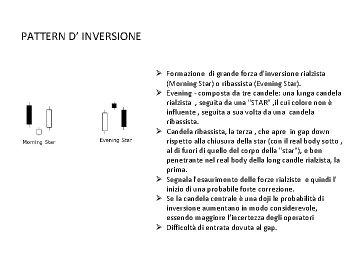 PATTERN D’ INVERSIONE Ø Formazione di grande forza d'inversione rialzista (Morning Star) o ribassista PATTERN D’ INVERSIONE Ø Formazione di grande forza d'inversione rialzista (Morning Star) o ribassista