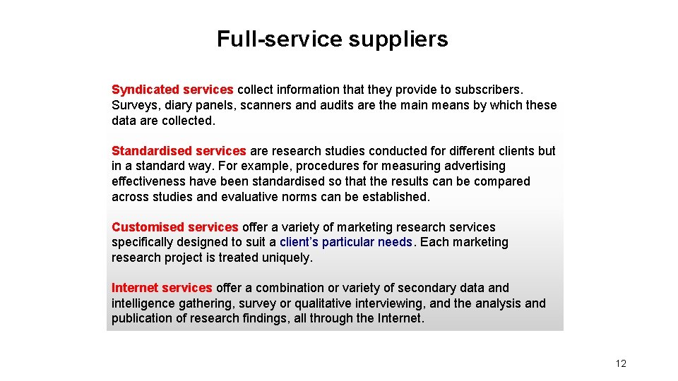 Full-service suppliers Syndicated services collect information that they provide to subscribers. Surveys, diary panels,