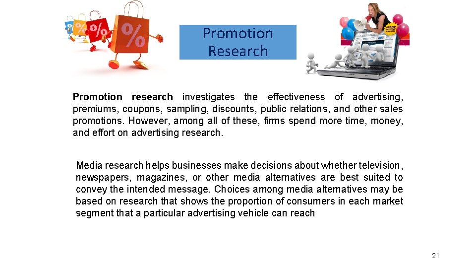 Promotion Research Promotion research investigates the effectiveness of advertising, premiums, coupons, sampling, discounts, public