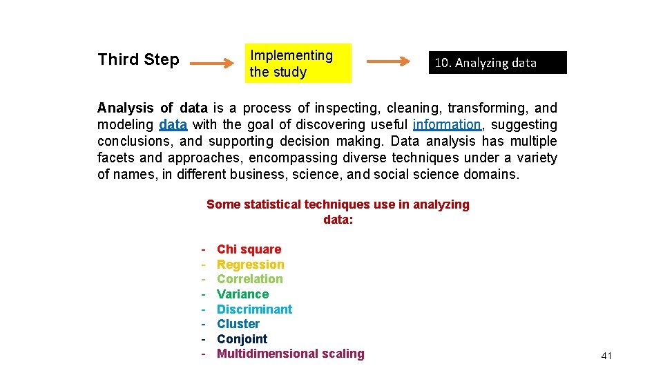 Implementing the study Third Step 10. Analyzing data Analysis of data is a process