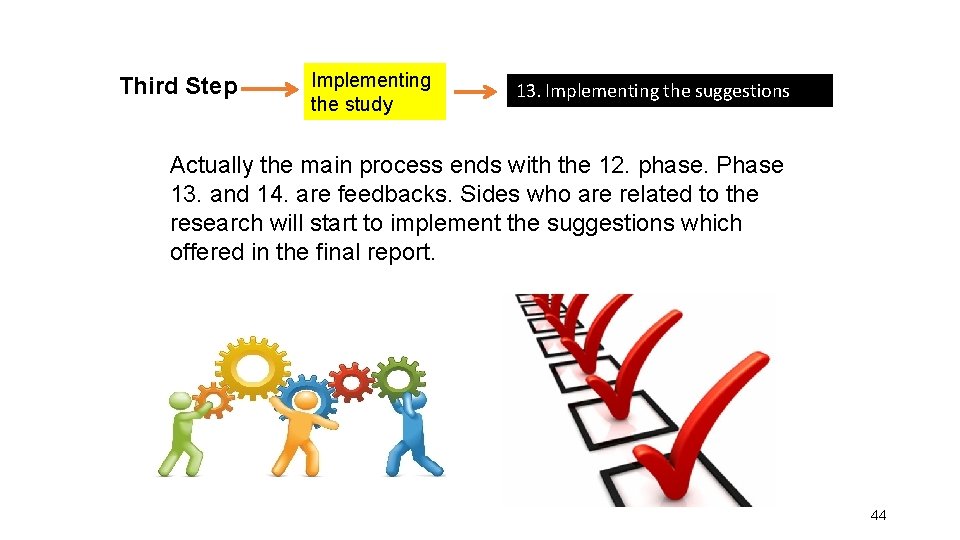 Third Step Implementing the study 13. Implementing the suggestions Actually the main process ends