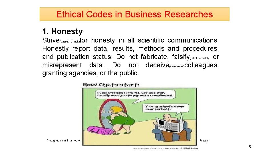 Ethical Codes in Business Researches 1. Honesty Strive(gayret etmek)for honesty in all scientific communications.