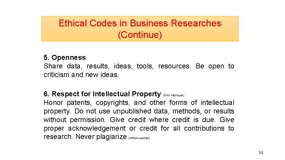 Ethical Codes in Business Researches (Continue) 5. Openness Share data, results, ideas, tools, resources.