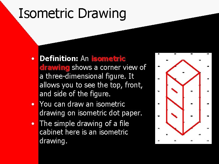 Isometric Drawing • Definition: An isometric drawing shows a corner view of a three-dimensional Isometric Drawing • Definition: An isometric drawing shows a corner view of a three-dimensional