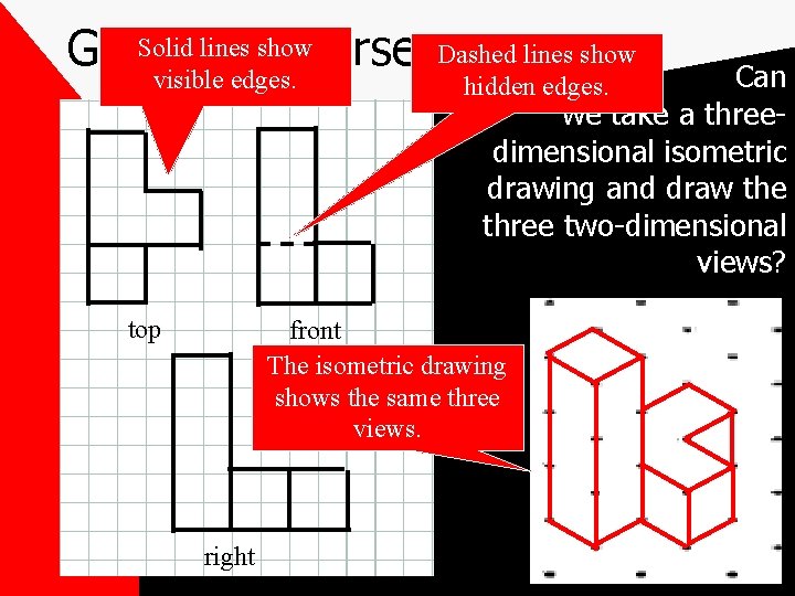Solid lines show Going in reverse visible edges. top Dashed lines show hidden edges. Solid lines show Going in reverse visible edges. top Dashed lines show hidden edges.