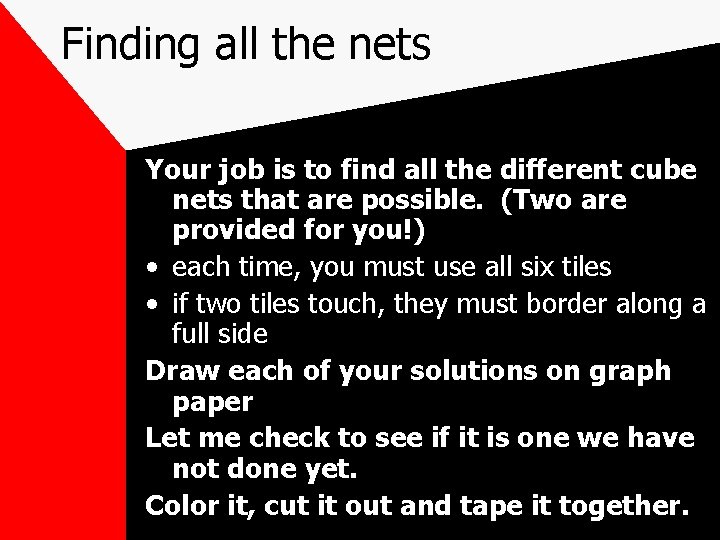 Finding all the nets Your job is to find all the different cube nets Finding all the nets Your job is to find all the different cube nets