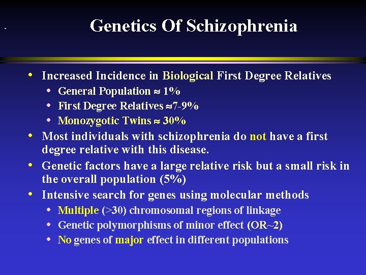 Genetics Of Schizophrenia • Increased Incidence in Biological First Degree Relatives • General Population