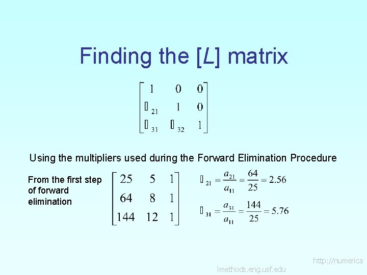 Finding the [L] matrix Using the multipliers used during the Forward Elimination Procedure From