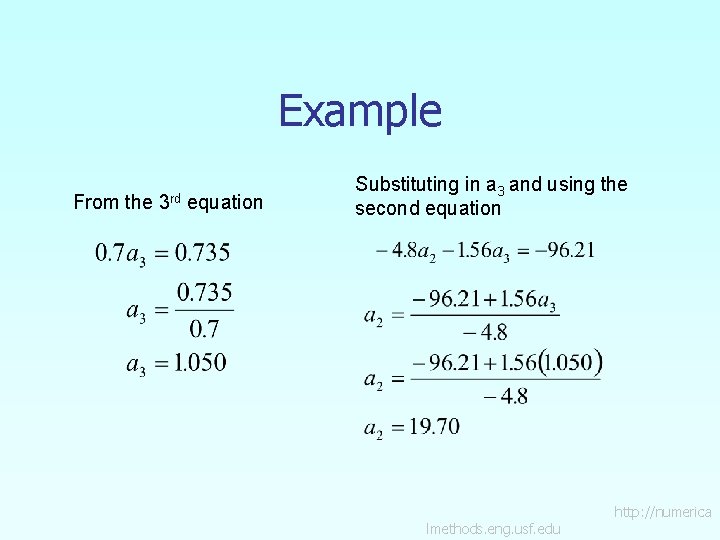 Example From the 3 rd equation Substituting in a 3 and using the second