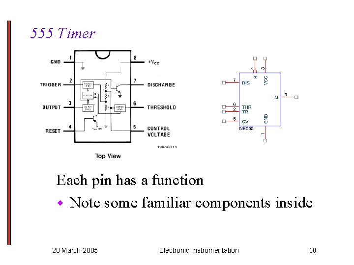 555 Timer Each pin has a function w Note some familiar components inside 20