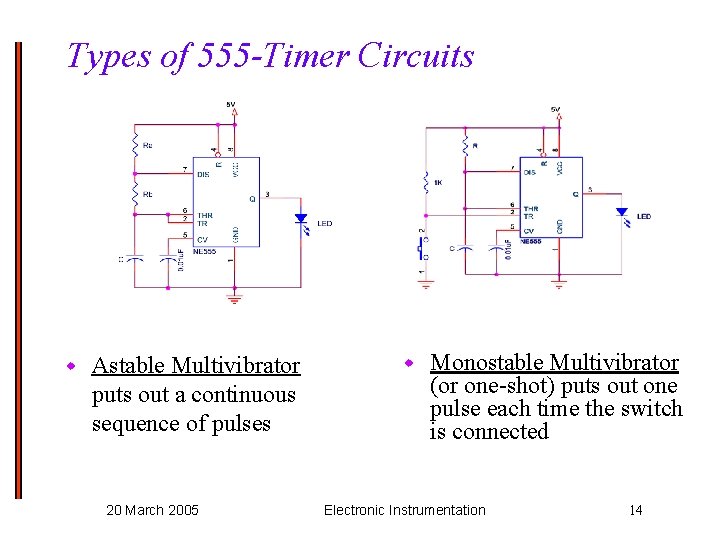 Types of 555 -Timer Circuits w Astable Multivibrator puts out a continuous sequence of
