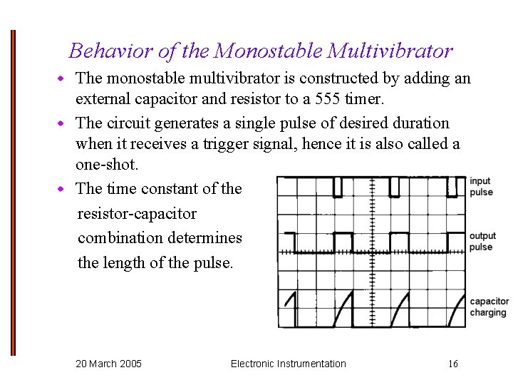 Behavior of the Monostable Multivibrator The monostable multivibrator is constructed by adding an external