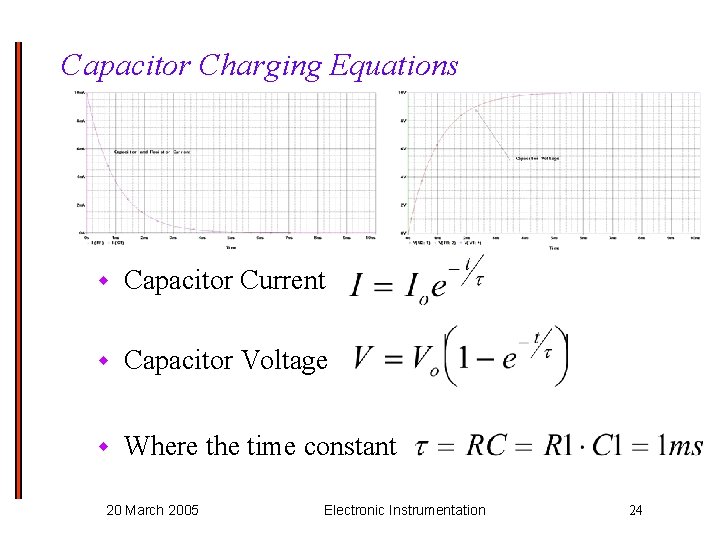 Capacitor Charging Equations w Capacitor Current w Capacitor Voltage w Where the time constant