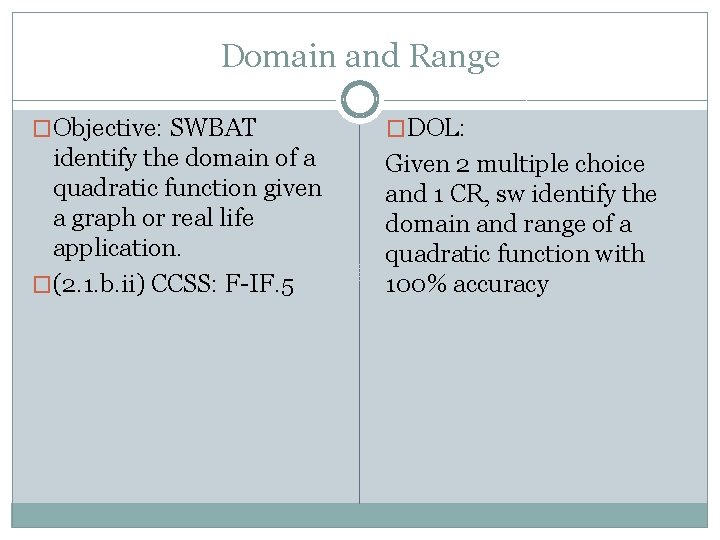 Domain and Range �Objective: SWBAT �DOL: identify the domain of a quadratic function given