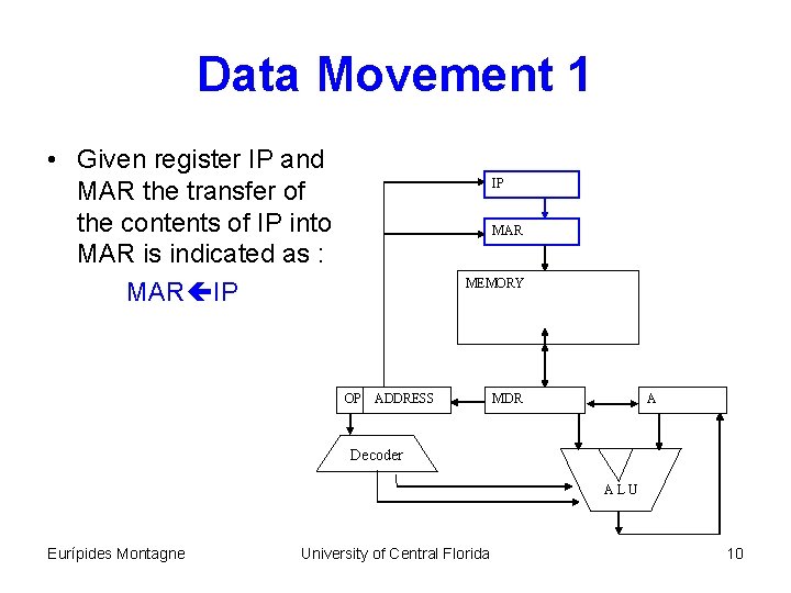 Data Movement 1 • Given register IP and MAR the transfer of the contents
