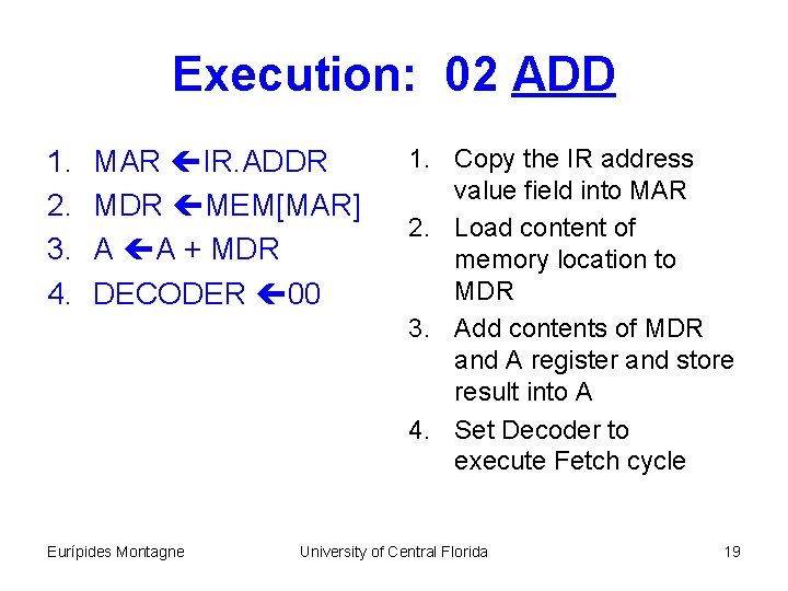 Execution: 02 ADD 1. 2. 3. 4. MAR IR. ADDR MEM[MAR] A A +