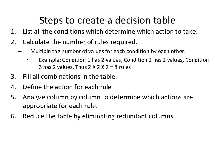 Steps to create a decision table 1. List all the conditions which determine which
