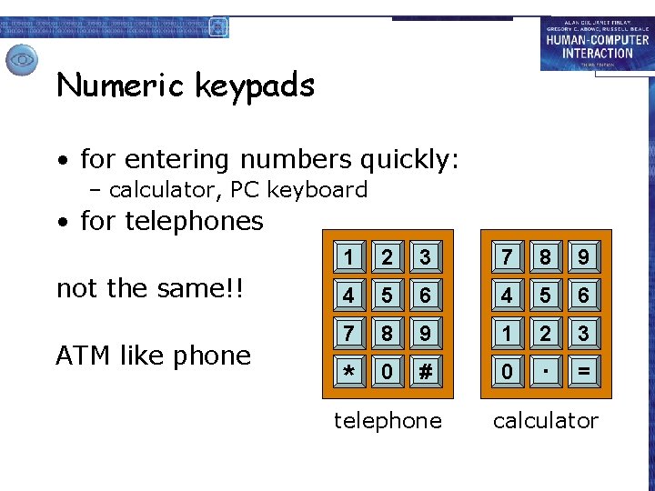 Numeric keypads • for entering numbers quickly: – calculator, PC keyboard • for telephones