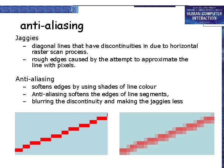 anti-aliasing Jaggies – diagonal lines that have discontinuities in due to horizontal raster scan