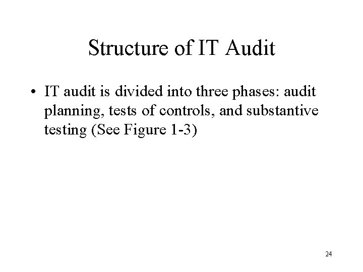 Structure of IT Audit • IT audit is divided into three phases: audit planning,