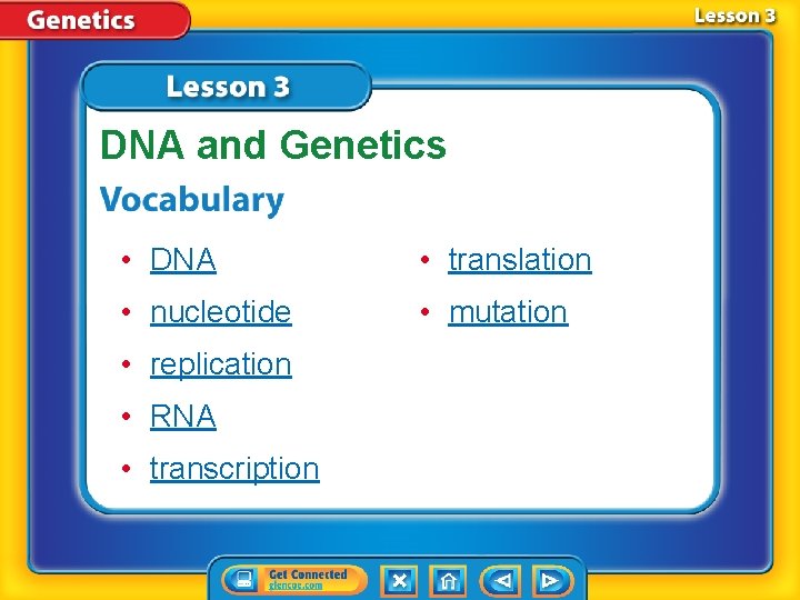 DNA and Genetics • DNA • translation • nucleotide • mutation • replication •