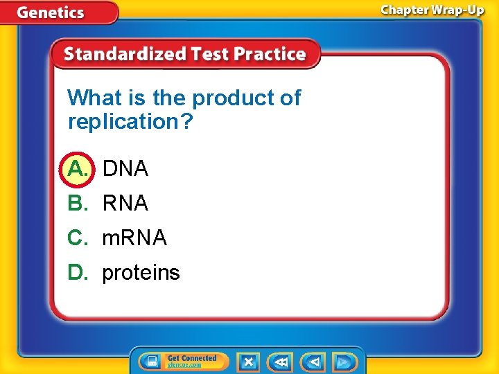 What is the product of replication? A. DNA B. RNA C. m. RNA D.