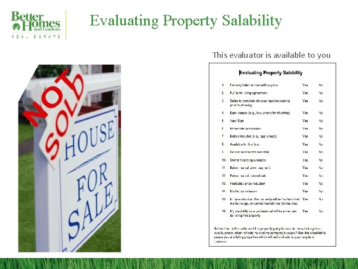 Evaluating Property Salability This evaluator is available to you 