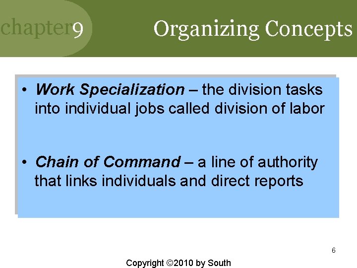 chapter 9 Organizing Concepts • Work Specialization – the division tasks into individual jobs
