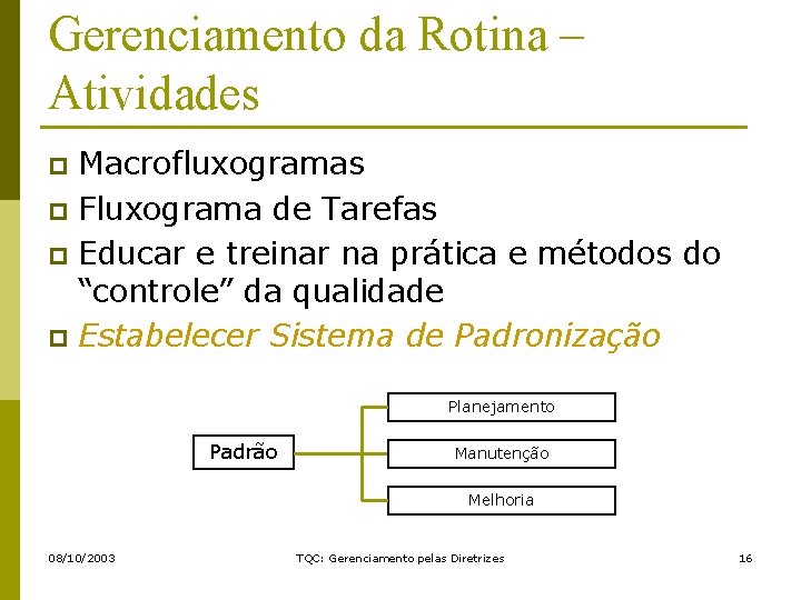 Gerenciamento da Rotina – Atividades Macrofluxogramas p Fluxograma de Tarefas p Educar e treinar