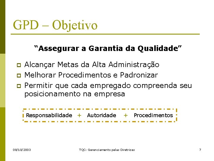 GPD – Objetivo “Assegurar a Garantia da Qualidade” p p p Alcançar Metas da