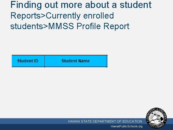 Finding out more about a student Reports>Currently enrolled students>MMSS Profile Report 10/2/2020 HAWAII STATE