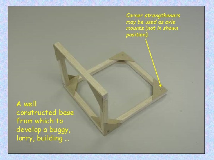 Corner strengtheners may be used as axle mounts (not in shown position). A well